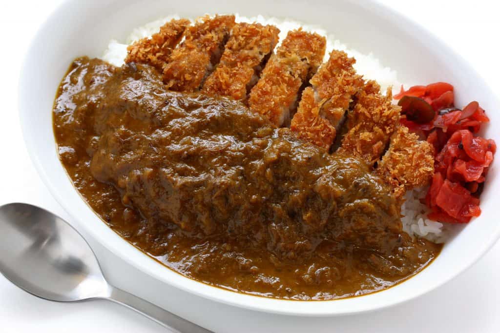 Japanese Food Katsu Curry Plate with Rice and Japanese Pickles
