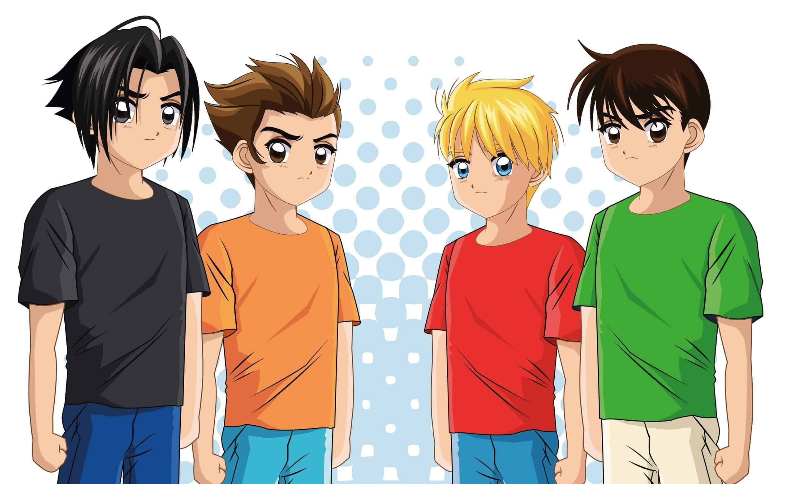 An illustration of four young boys standing next to each other wearing different color shirts (black, orange, red, green). They are looking slightly angry or trying to be "tough."