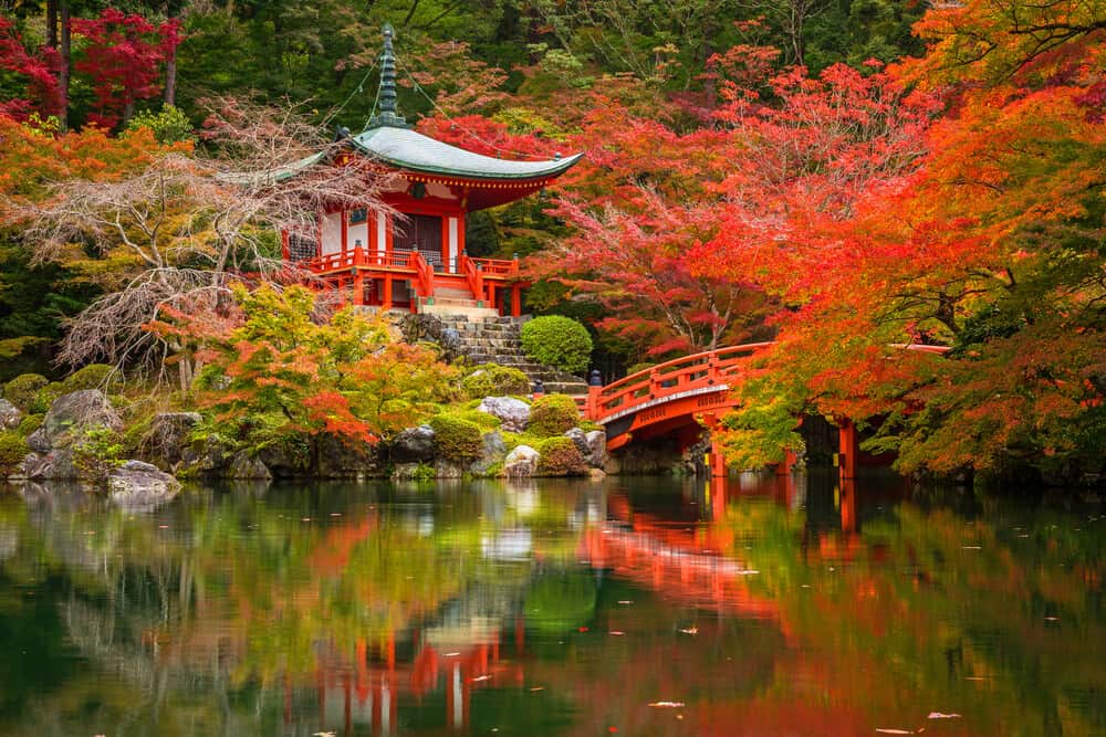 Daigo-ji in Kyoto surrounded by trees and a pond.