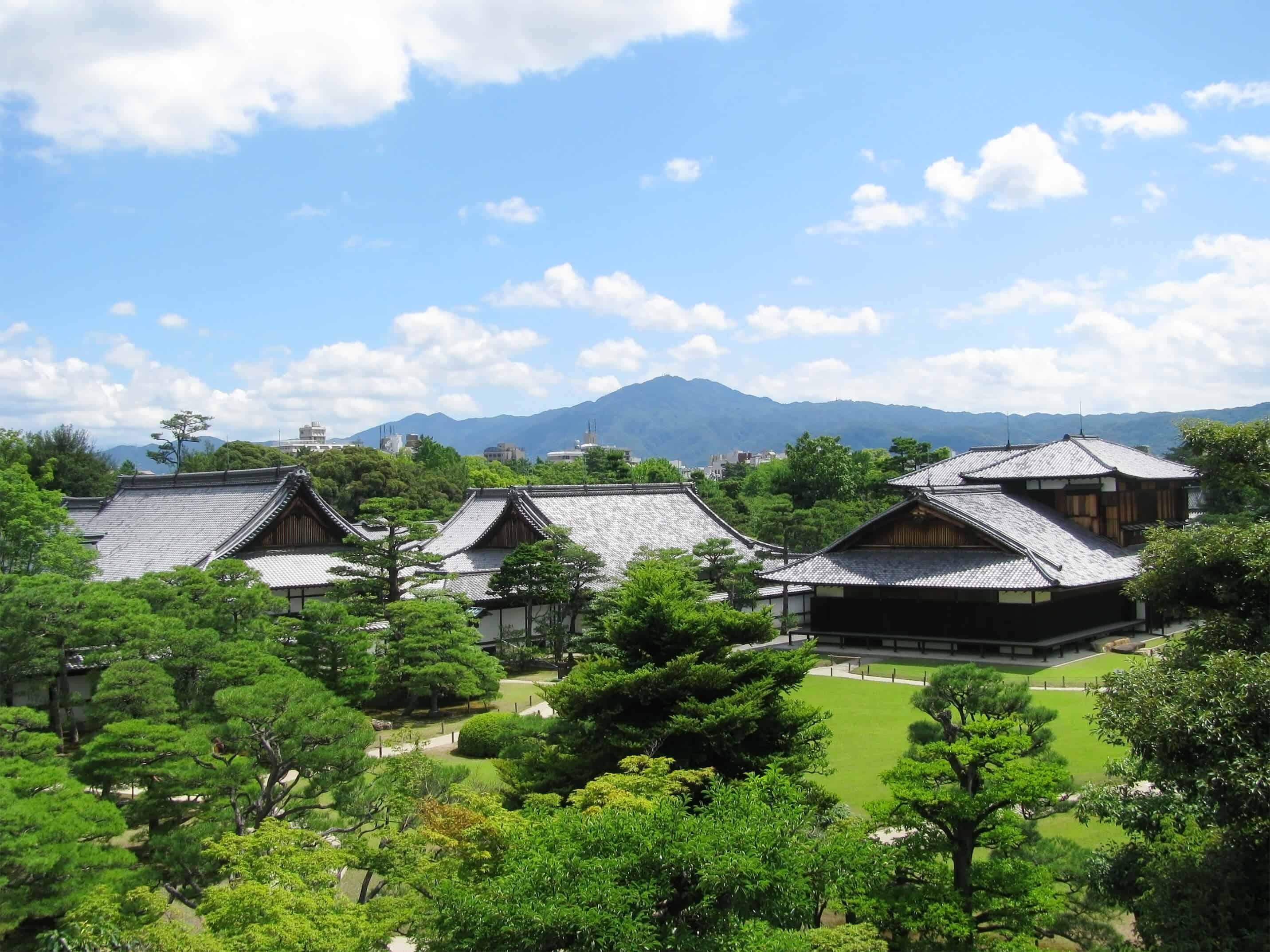 Nijo Castle grounds as seen from an elevated viewpoint.