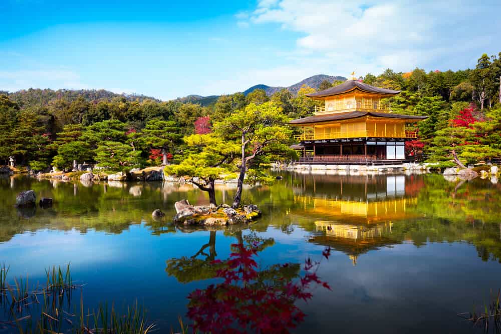 Kinkakuji The Golden Pavilion in Kyoto - Shot from afar with the pond and trees surrounding it.