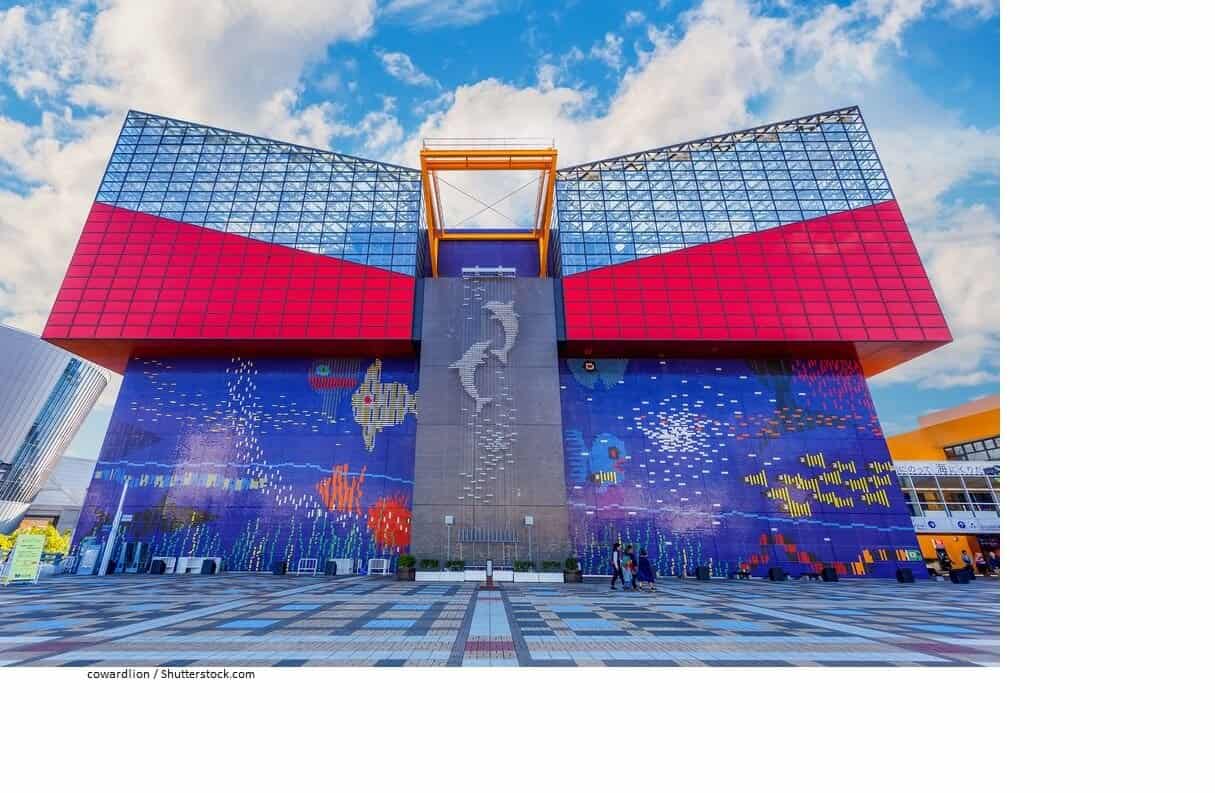 The Osaka Aquarium with its ocean creatures design on its walls.