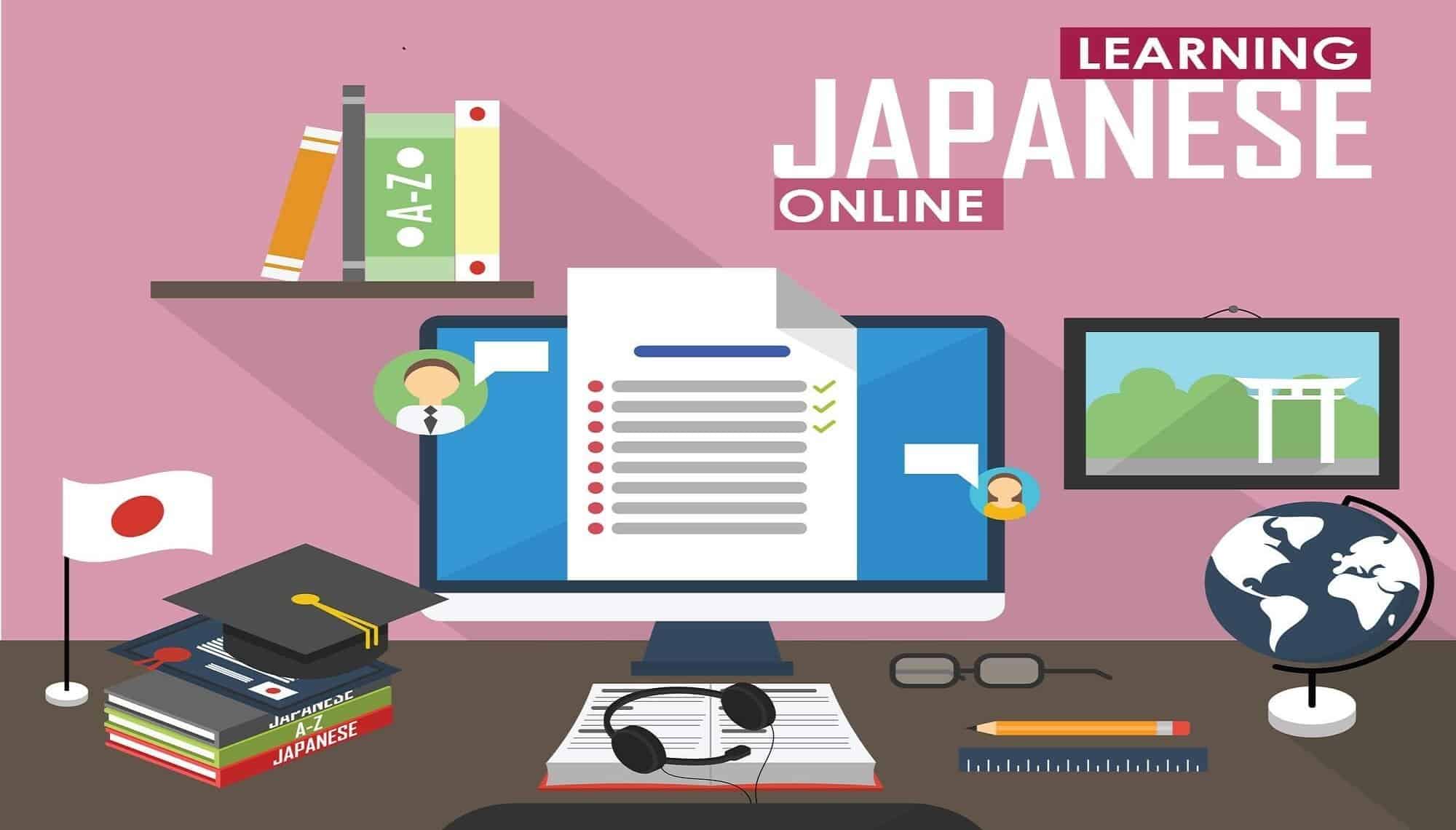 An illustration of a desk, with a computer, books, a globe, pencil, ruler, glasses, headphones, graduation cap, and Japanese flag on it. The text on it reads, "LEARNING JAPANESE ONLINE."
