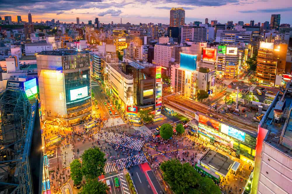 The famous crossing intersection in Shibuya taken from a Bird's Eye View.