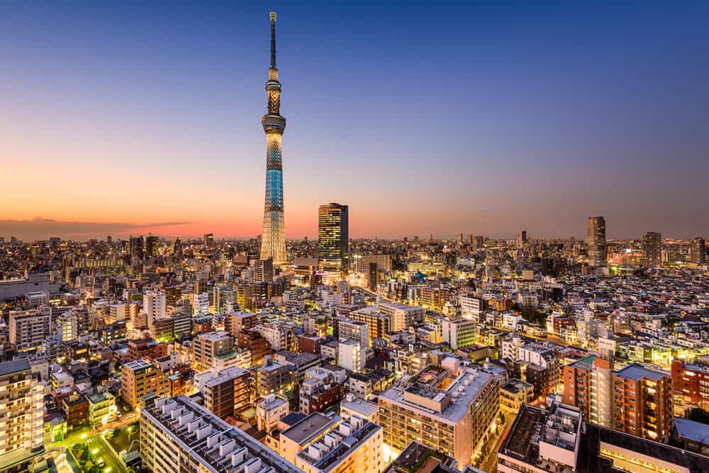 A wide shot of the Tokyo SkyTree and Solamachi, and the many buildings in Tokyo.