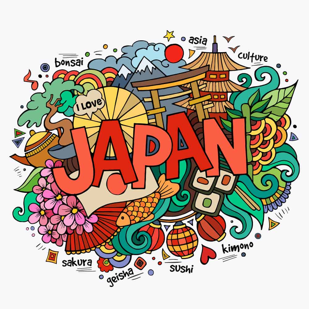 An illustration/collage of things related to Japan like temples, fish, bonsai, and food.