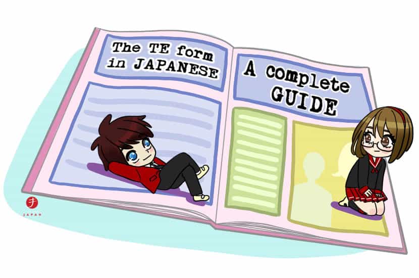 An illustration of a boy and girl on top of an open book. In the book, the headline, "The TE form in Japanese A complete GUIDE" can be seen.