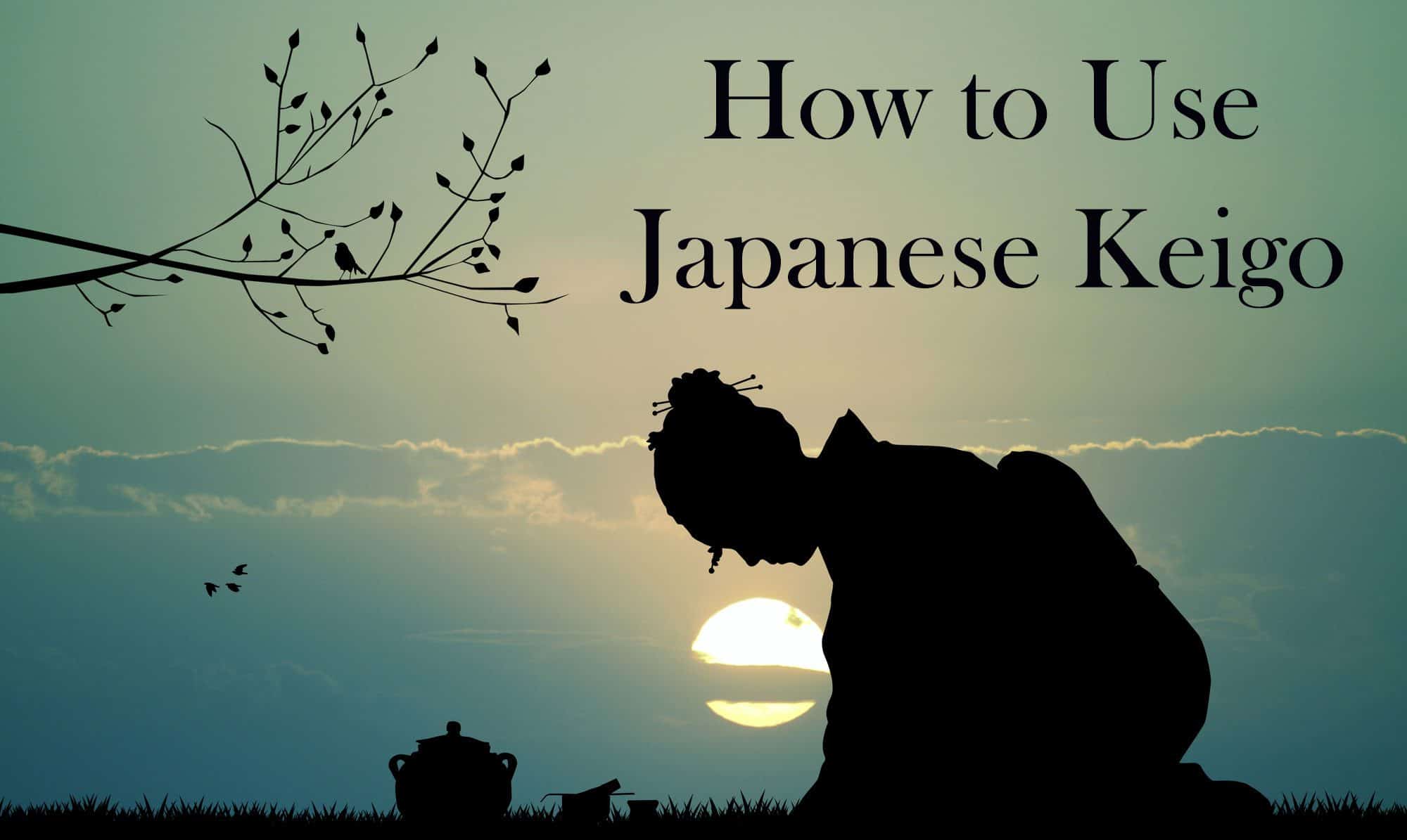 A silhouette of a traditionally dressed Japanese woman sitting on her knees bowing to the right. On the left, the silhouette of a tree with its sparse branches, and a teapot on the ground. The sun is in the background, partially covered by a cloud. Three birds can also be seen flying in the background.