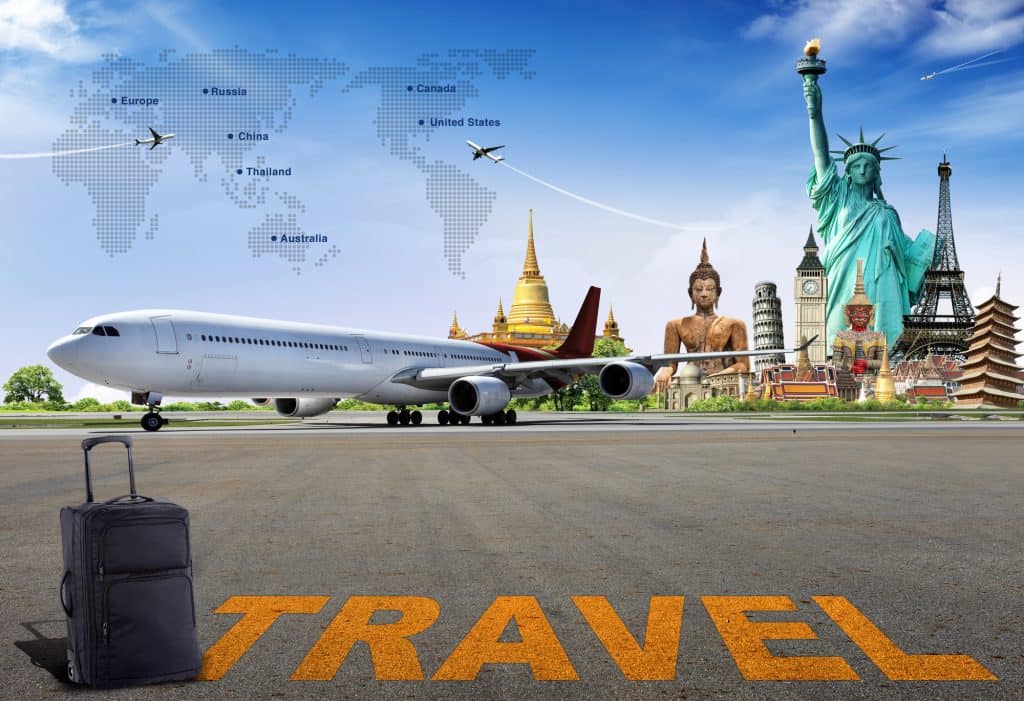 Picture about travel that includes an airplane, the Statute of Liberty, a Big Buddha Statue, a world map, and other attractions