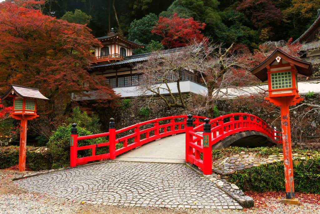 Ryuanji Temple taken from afar. The orange posts and red bridge can be seen leading up to the temple. The temple is at the top of the hill.