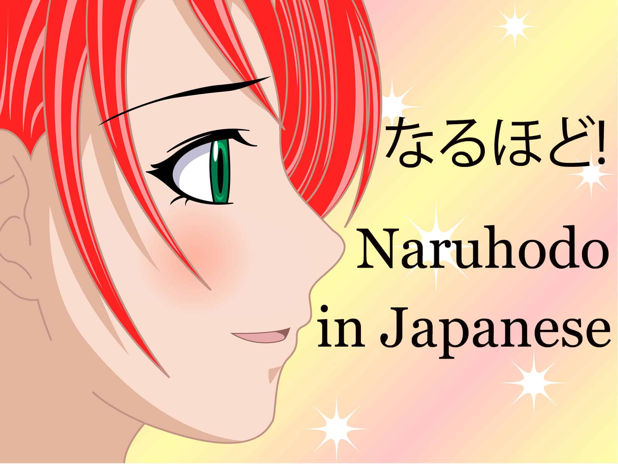 A picture of an young anime girl character with red hair (side view of her face). She is looking to the right, where the title is displayed (なるほど Naruhodo in Japanese)