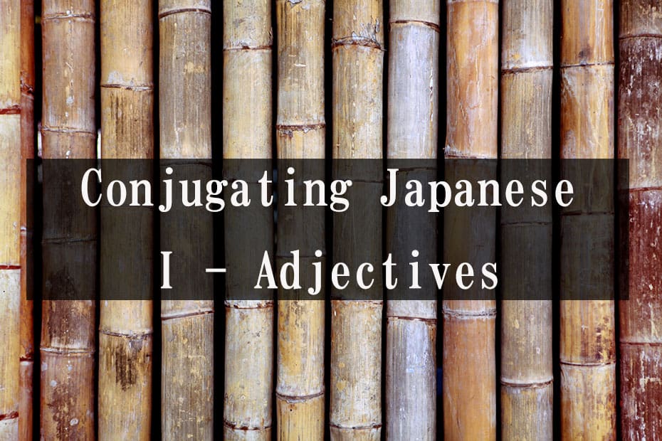 A bunch of dried bamboo lined up next to one another. The title "Conjugating Japanese I - Adjectives" is written in the middle in white, on a black transparent rectangle.