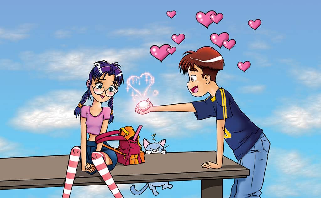 An illustration of a young girl with glasses and purple hair looking at a mystical heart hologram that a boy is holding in his hand with hearts all around his head, signaling love.