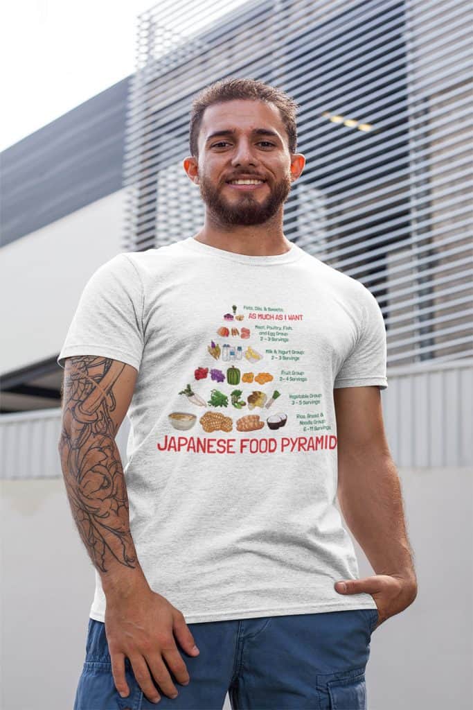 A young man with a tattoo on his right arm wearing a white shirt that says "JAPANESE FOOD PYRAMID" on it, as well as illustrations of Japanese food and other descriptive text.