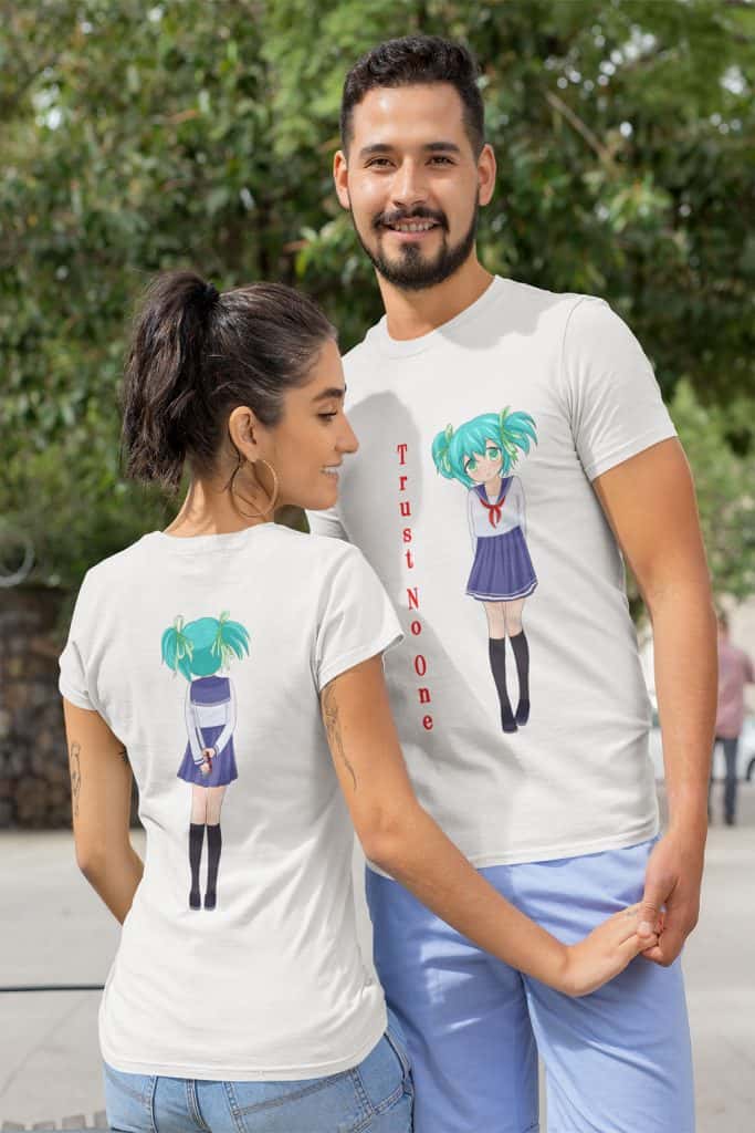 A young man and woman wearing a shirt with an anime girl character on it. The woman on the left is showing the back of the shirt (back of the anime girl), and the man is showing the front (front view of the anime girl) with the text that says, "Trust No One."