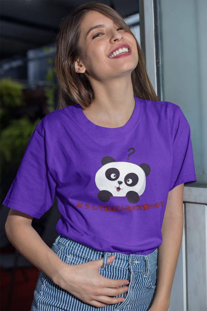 A young woman reading a purple shirt with a cute panda illustration on it. The Japanese text translates to, "Why am I so cute?"