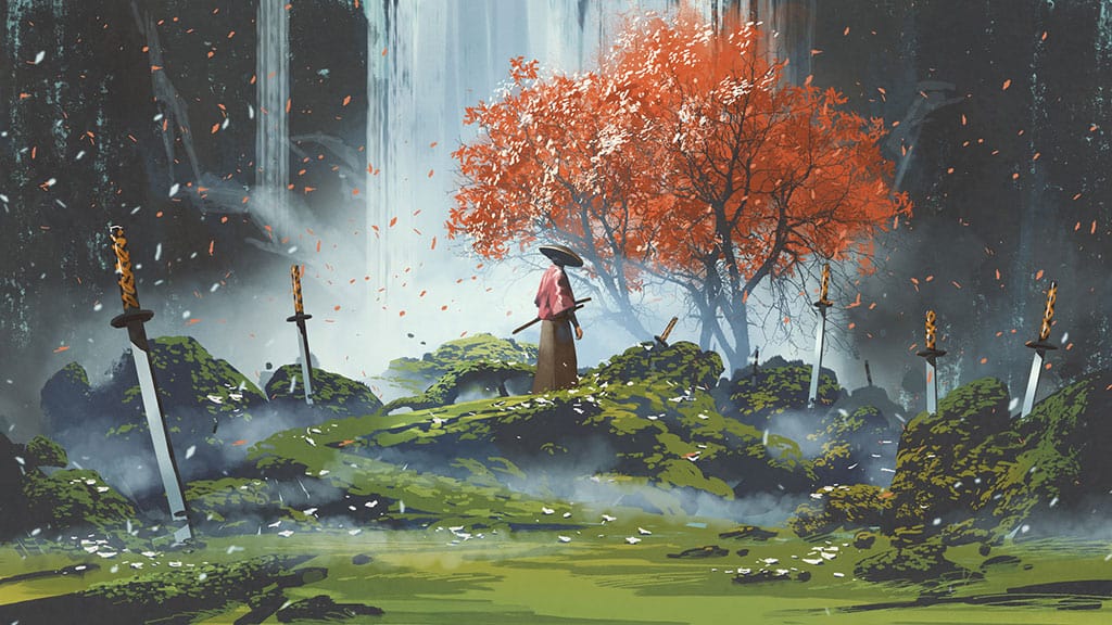 An illustration of a samurai standing in front of a waterfall with swords stuck in the ground all around him.