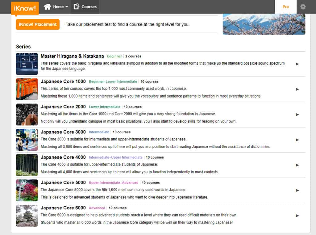 A screenshot of the iKnow Japanese course levels.