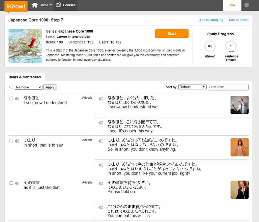 A screenshot of the iKnow Japanese lower-intermediate word list.
