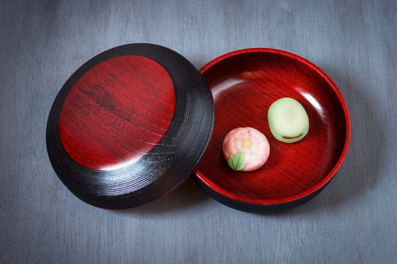 Kashiki Japanese Black and Red Lacquerware sweets container.