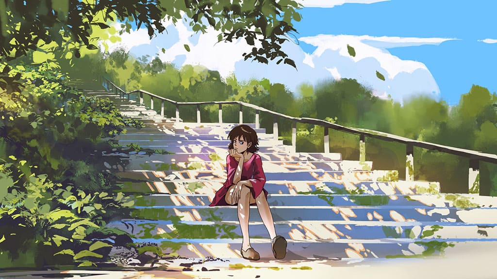 An illustration of a young woman wearing a pink-purple-ish skirt. She is sitting at the bottom of some stairs, with her head resting on her right hand. The sky can be seen in the background, and some trees and plants can be seen in both the foreground and background on the illustration.