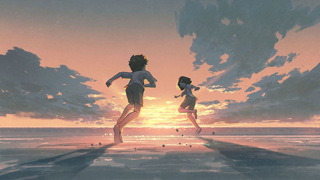 An illustration of a young boy and girl running on the beach towards the ocean with a sunset in the background.