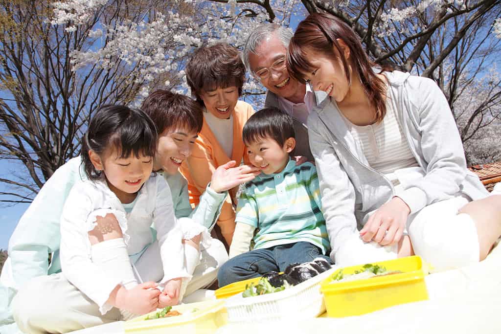 An Asian family having a picnic. There is a mom, dad, grandpa, grandma, and a young girl and boy in the picture.