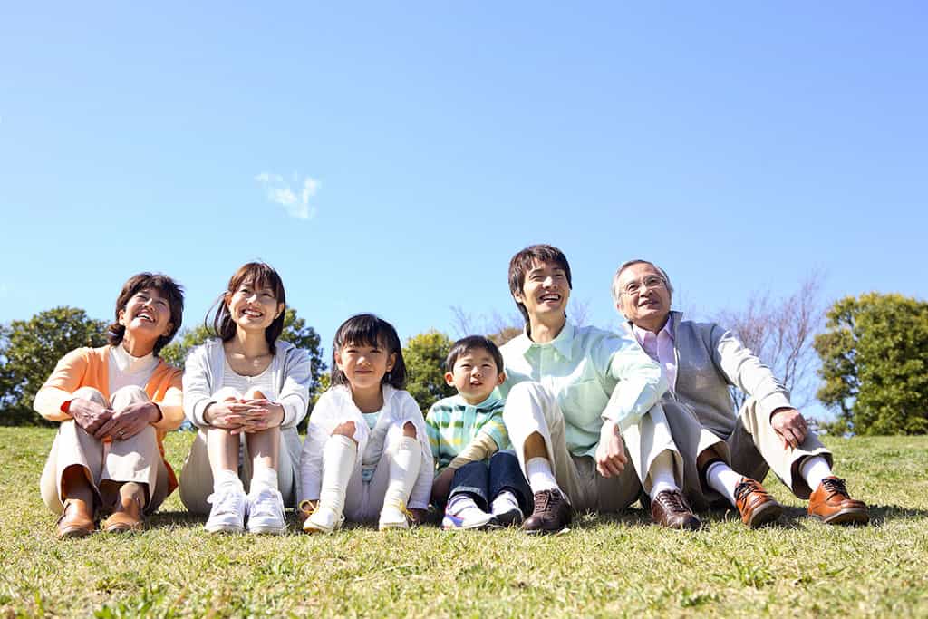 An Asian family sitting side-by-side in a row on the grass. There is a grandma, mom, a young girl and boy, a dad, and a grandpa in this picture.