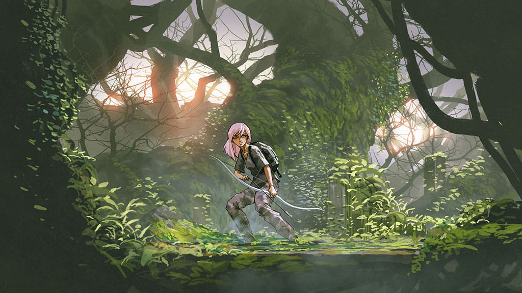 An illustration of a young girl with pink hair and a drawn bow and arrow in a forest.