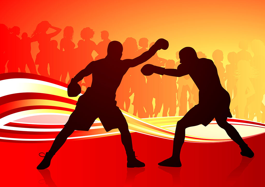 An illustration of two men silhouettes boxing in the foreground, with faint silhouettes of people in the background.