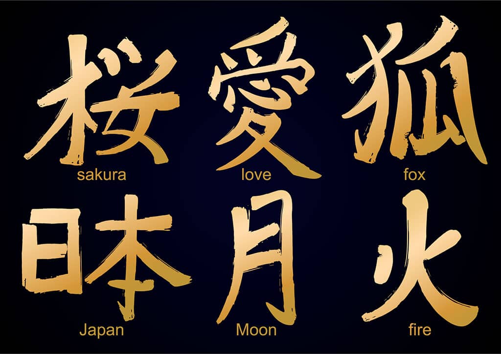 An illustration of Japanese kanji characters with the English translation below them. Starting from the top left (going right then down), the characters displayed are: sakura, love, fox, Japan, Moon, and fire.