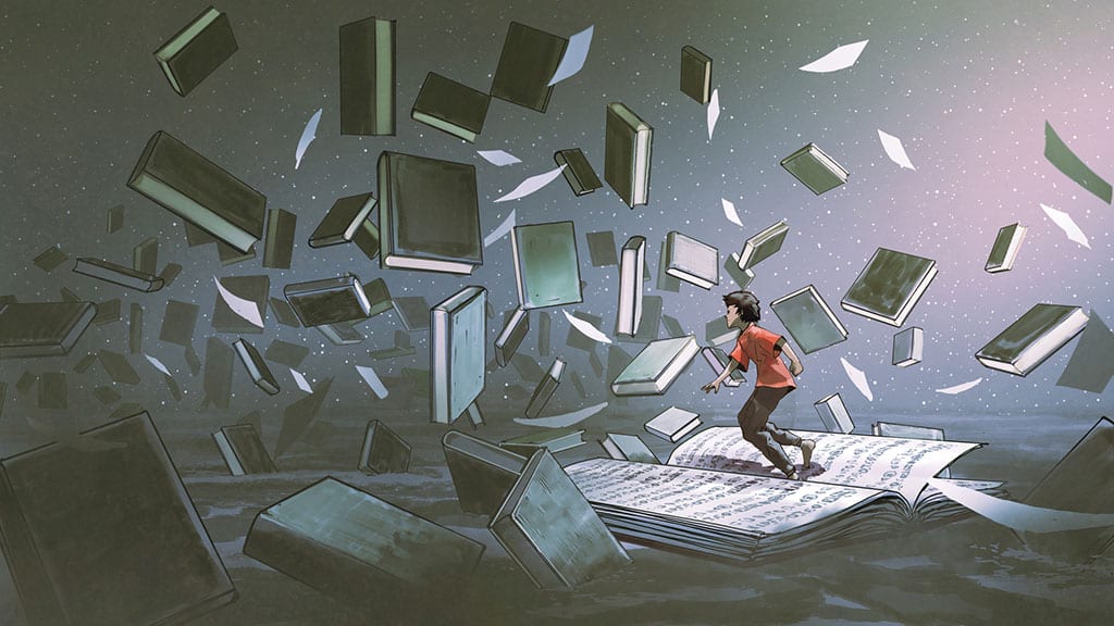 An illustration of many books flying through space like asteroids, with a young boy standing on an open book and flying through the books.