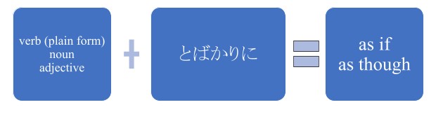 A formula in blue blocks that says, "verb (plain form) noun adjective+ とばかりに= as if, as though."