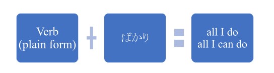 A formula in blue blocks that says, " Verb (plain form)+ ばかり= All I do All I can do."