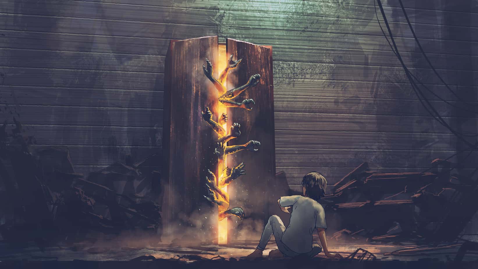 An illustration of a boy sitting on the ground in front of a closet in what appears to be a abandoned building. The doors on the closet are slightly open, with many hands reaching out of it, with the inside of the closet glowing red orange.