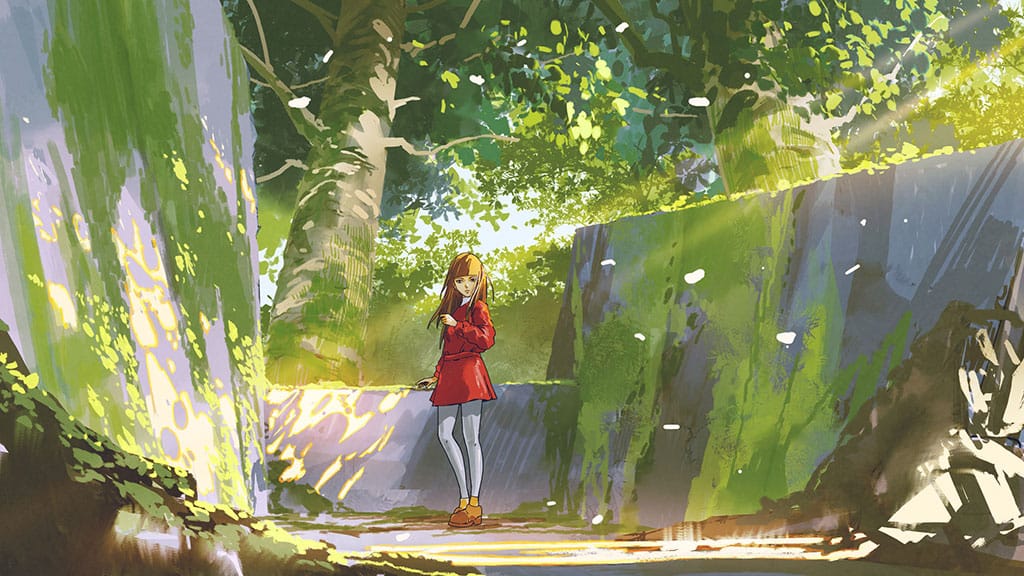 An illustration of a girl wearing a red skirt/top with grey stockings. She has dirty blonde hair and is in a forest area with trees and plants, and also concrete looking structures.