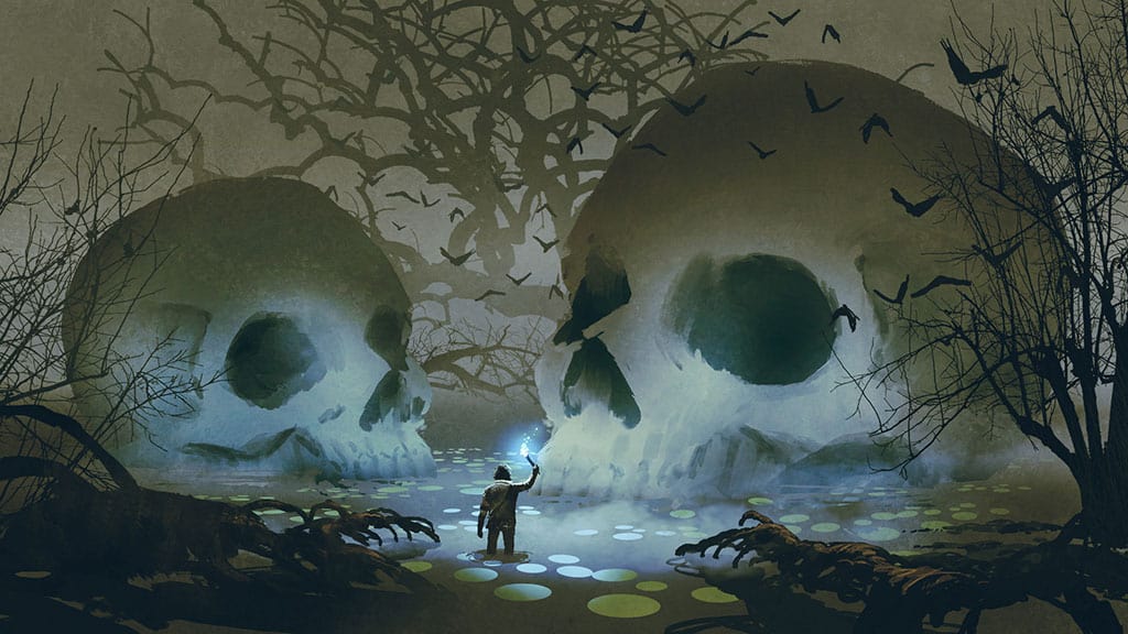 An illustration of a man holding a flare in the middle of a dark, swamp. He is walking in water, with two huge skulls in front of him. Trees are in the background and birds and be seen flying overhead.