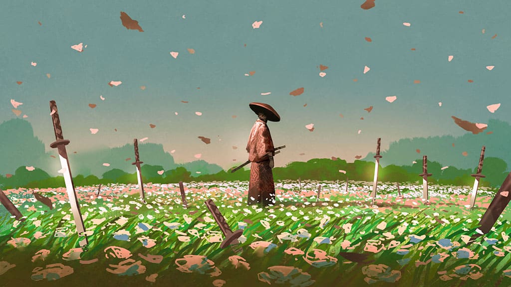 An illustration of a Japanese samurai in a brown outfit with a large round hat, standing in the middle of a green field with samurai swords sticking out of the ground around him. Brown particles that appear to be leaves are seen falling from the sky.