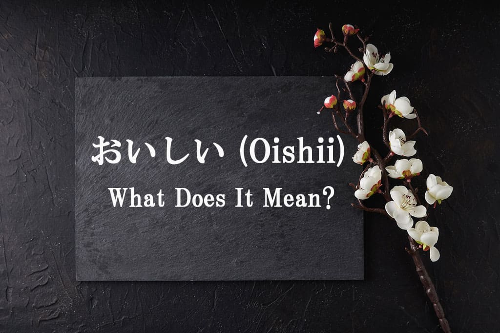 A black, stone-like, flat plate on a black background. On the right side, is a branch with white flowers. On the plate, the text, "おいしい (Oishii) What Does It Mean?" is displayed.