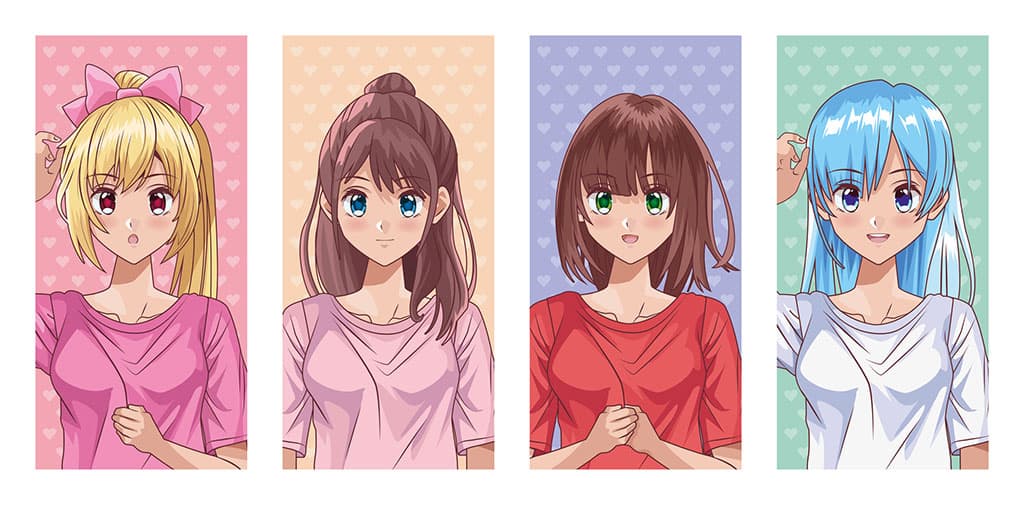 An illustration of four anime style girls, each in a different color of shirt and hair (blonde, light brown/pinkish, brown, light blue).