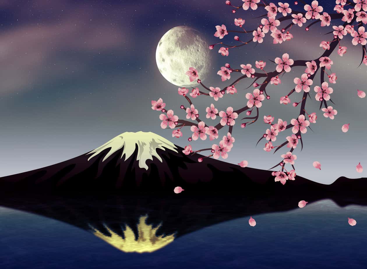 An illustration of what appears to be Mt. Fuji in Japan with its image reflecting off the water below. There is also a cherry blossom branch with flowers in bloom in the foreground, and the moon in the background in the sky.