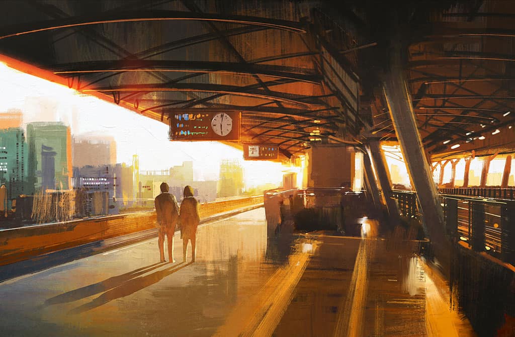 An illustration of a platform at a train station, with a couple standing next to each other. In the background, tall buildings are seen.