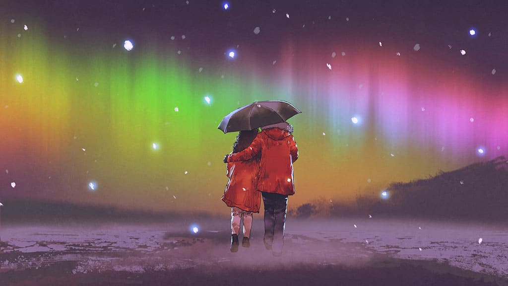 An illustration of a couple wearing warm, red clothes, walking next to each other with the man holding an umbrella in one hand and his other arm around the woman. It appears to be snowing, with the aurora borealis in the background.