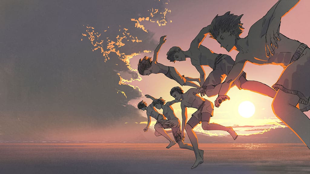 An illustration of a group of young men in shorts and no shirt are seen running on beach with the sunset in the background.