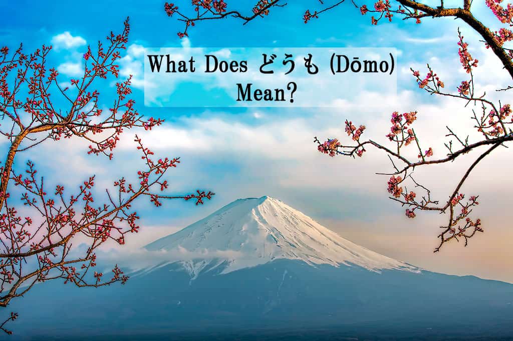 A picture of the blue sky with white clouds above a snow-capped Mt. Fuji. In the foreground on the left and right side of this image, are branches with pink flowers on them extending out into the image. There is a text overlapped on this image that reads, “What Does どうも (Dōmo) Mean?.”