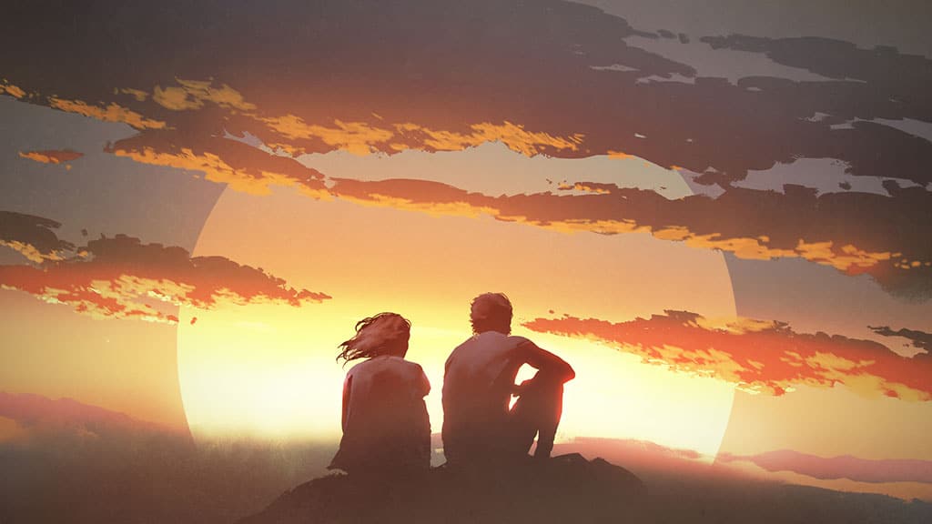 An illustration of two people sitting on the ground looking at a huge sun setting in the background turning the sky and clouds to orange, yellow, and red.