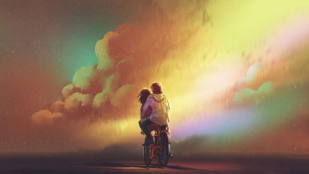 An illustration of a man and woman riding a bicycle. The man is sitting on the seat of the bicycle, and the woman is sitting in front of the man. In the background is the sky with many stars and a huge cloud in it.
