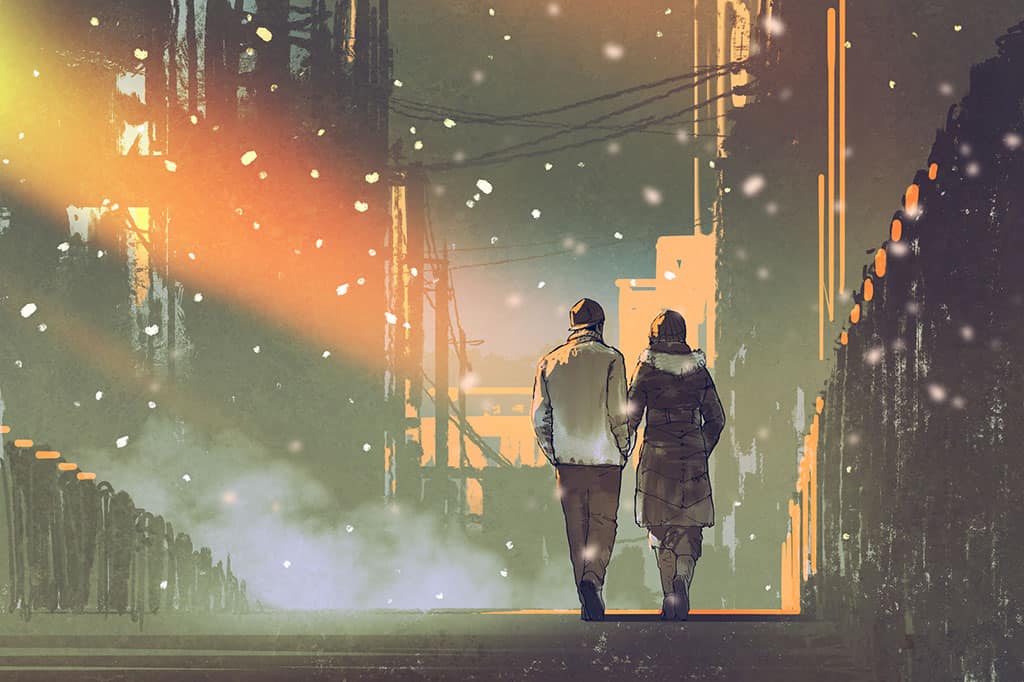 An illustration of a man and a woman dressed in winter clothes walking side by side and appear to be holding hands while snow falls. A fence, telephone poles/wires, and buildings can be seen in the background.