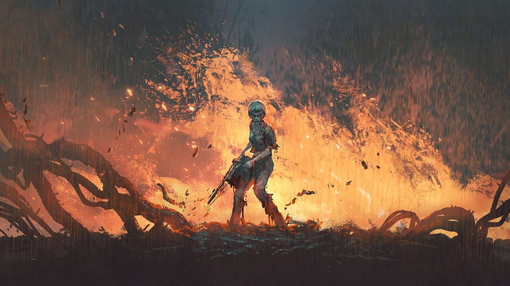 An illustration of an angry looking woman wearing torn and tattered clothes holding a chainsaw. There is a big fire burning in the background.