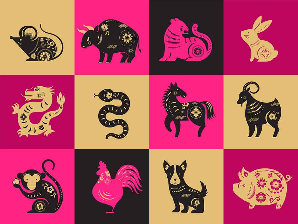 An illustration of the 12 different Chinese Zodiac signs with each sign alternating in beige, purple, and black colors.